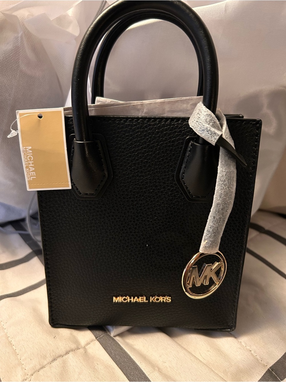 Michael Kors Black Pebbled Leather Mini Tote with Gold MK Charm